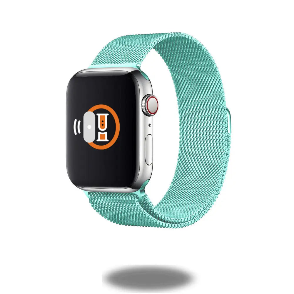 Stylish metal mesh loop watch band in turquoise, perfect for a modern look and comfortable fit.