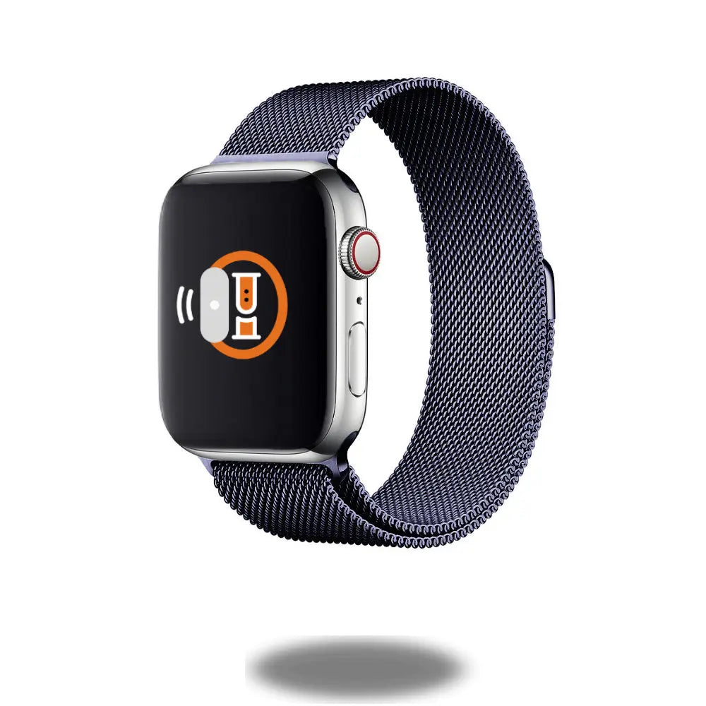 Metal mesh Milanese loop strap for smartwatch, adjustable stainless steel design with black finish.