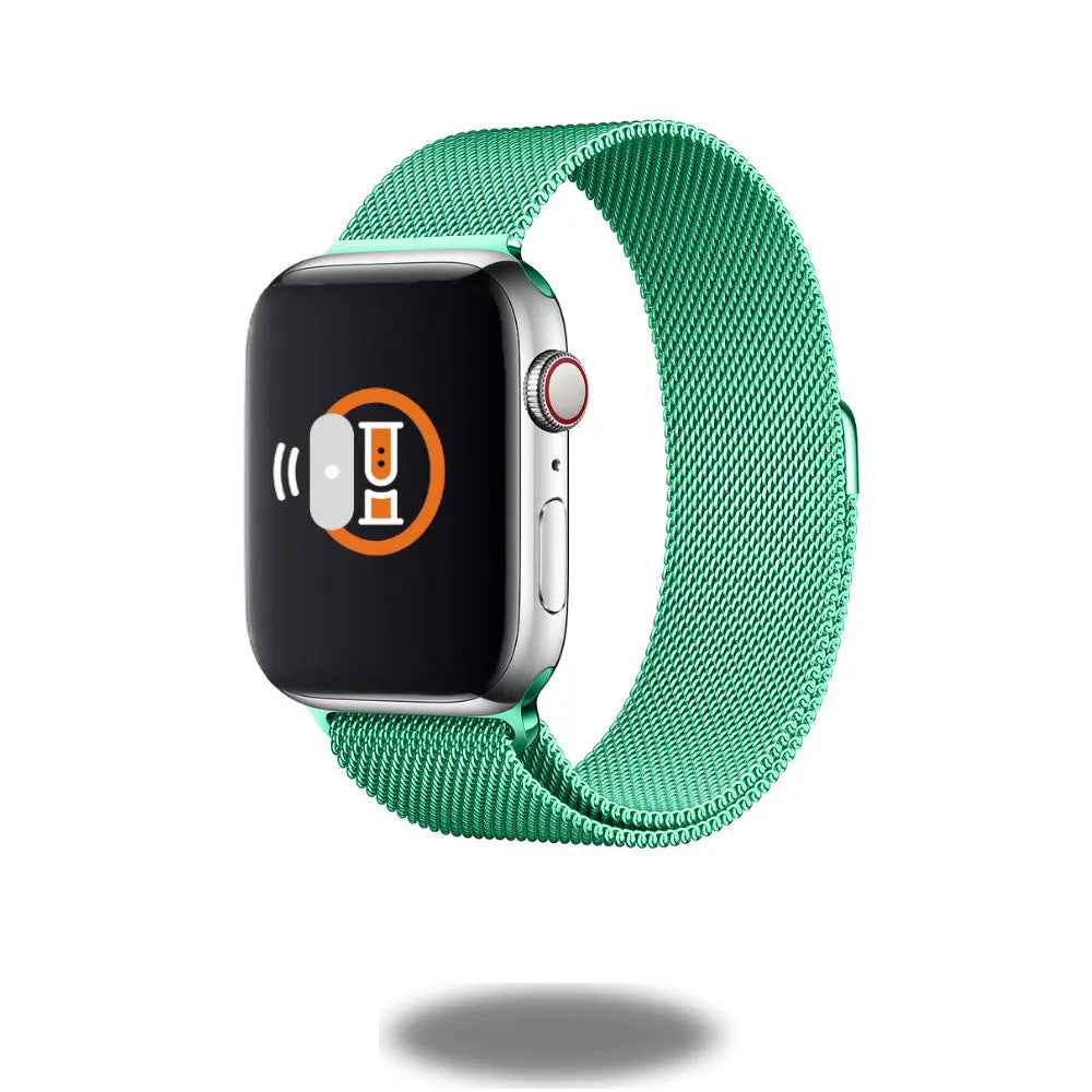 Metal mesh loop in green, stylish adjustable bracelet band for smartwatches, modern Milanese design, perfect fit.