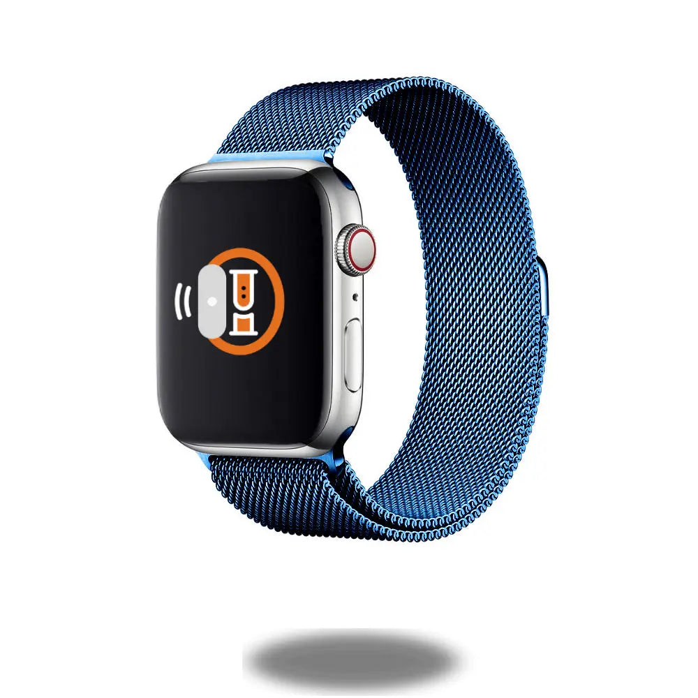 Metal Mesh Loop watch band in space-black stainless steel, showcasing modern Milanese design and adjustable fit.