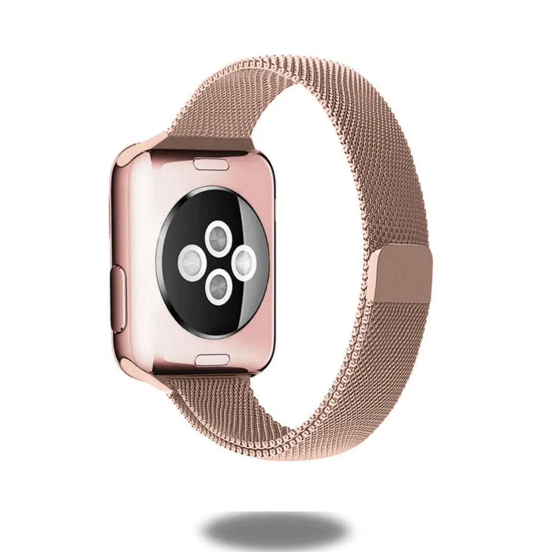 Slim Milanese Magnetic loop watch band in rose gold, featuring smooth stainless steel mesh for a modern adjustable fit.