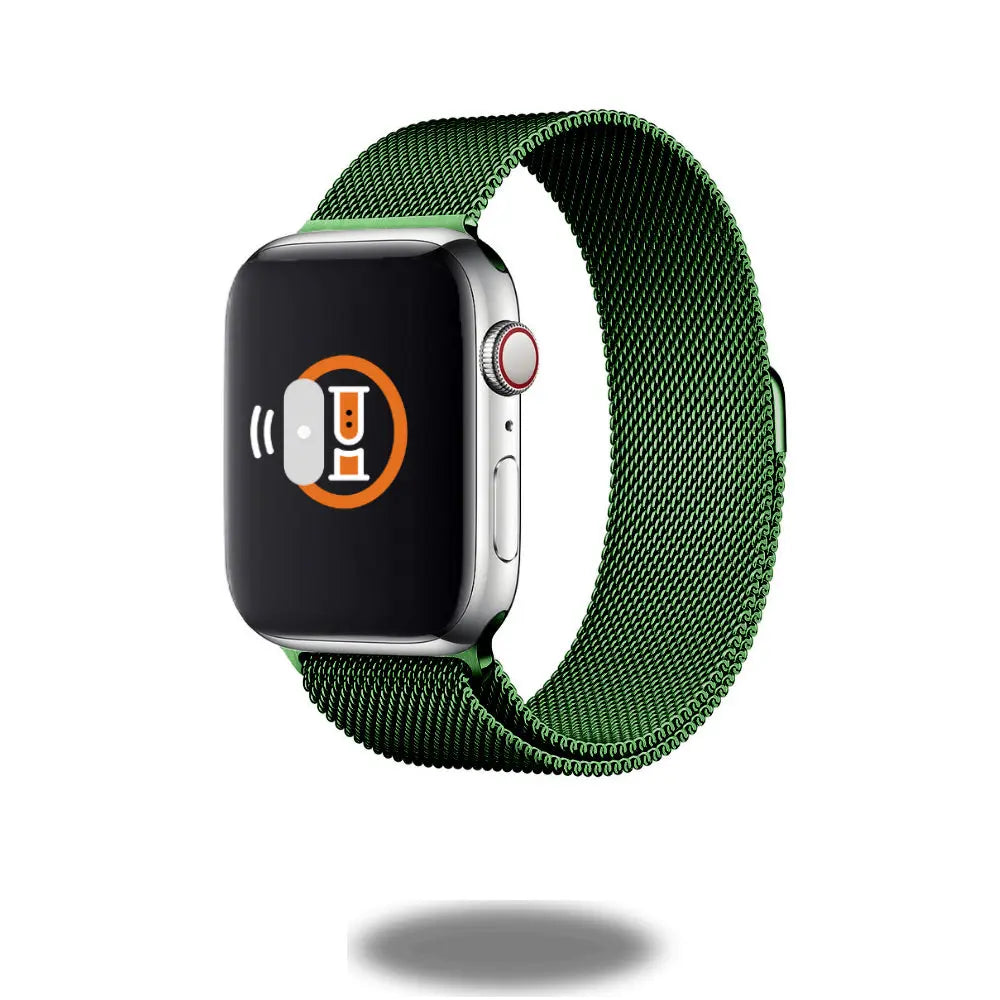 Metal Mesh Loop smartwatch band in green, adjustable magnetic design, inspired by Milan 19th-century style.