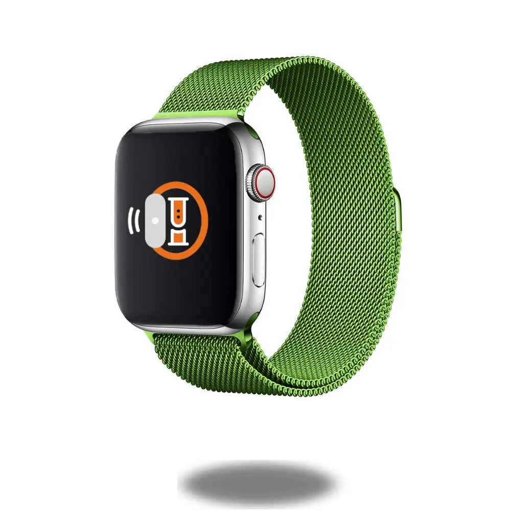 Vibrant green metal mesh loop smartwatch band showcasing modern Milanese design and infinite adjustability for a perfect fit.