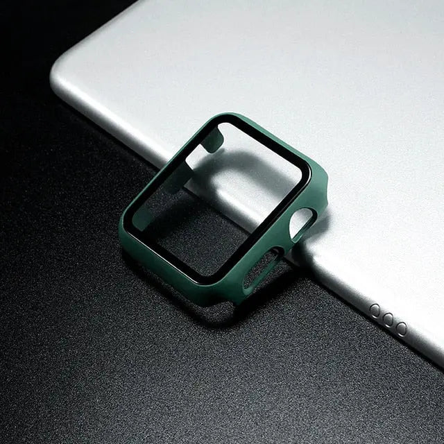 Glass+Case ultra-thin PC protective case for Apple Watch Series 6-1 in green color on a reflective surface.
