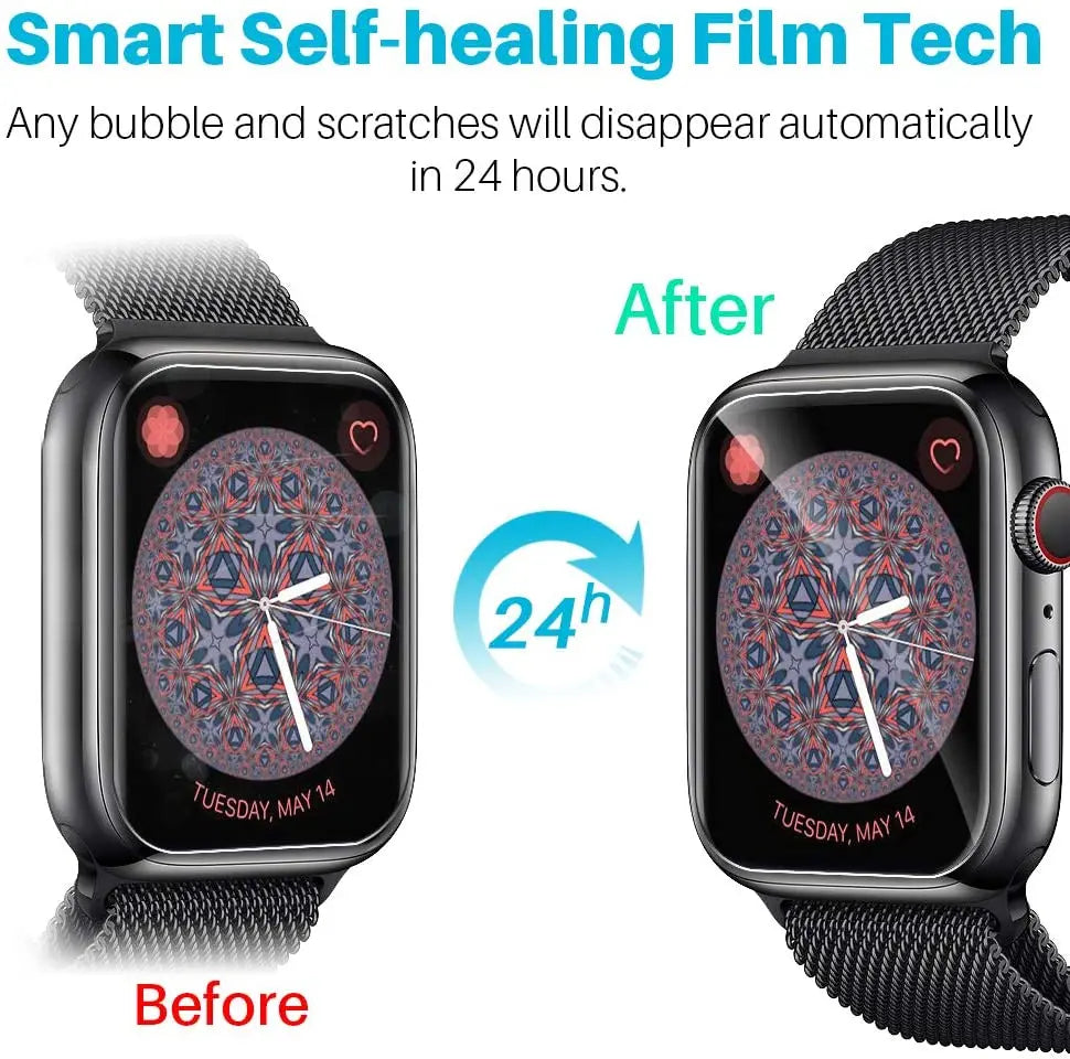 Comparison of Apple Watch screen before and after applying HD Film Protector with self-healing tech.