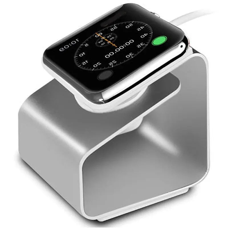 Charger stand for Apple Watch showcasing Series compatibility, sleek design, and compact size for all models.