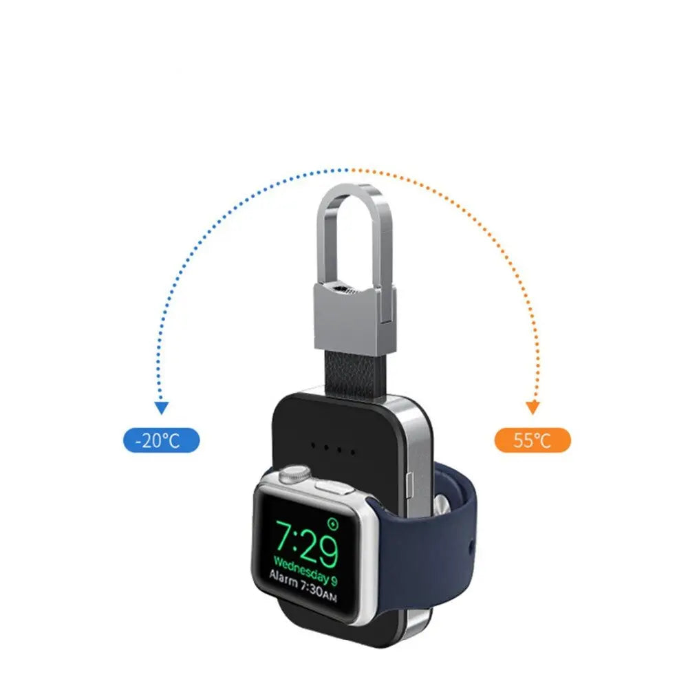 Keychain Wireless Power Bank IQ Charger showing Apple Watch with temperature indicators for optimal charging.