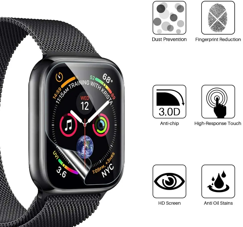 HD Film Screen Protector for Apple Watch Series 7 showing features like dust prevention, fingerprint reduction, and anti-oil stains.