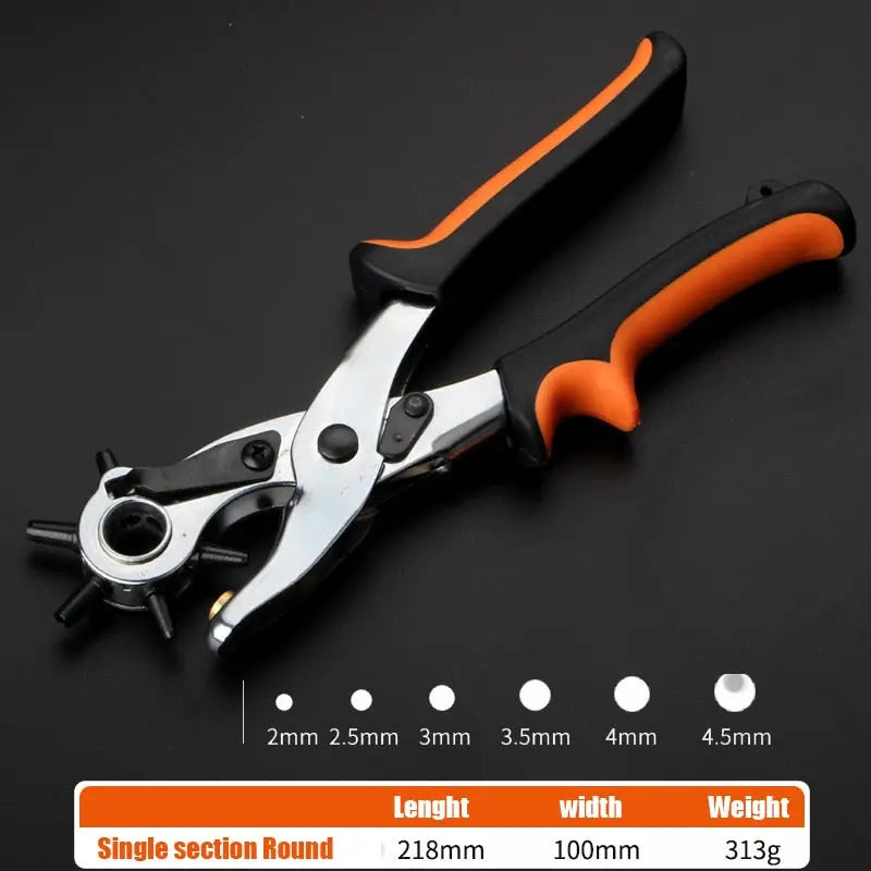 Hole puncher tool for watch bands and belts with multiple sizes, featuring ergonomic grip and sturdy design.