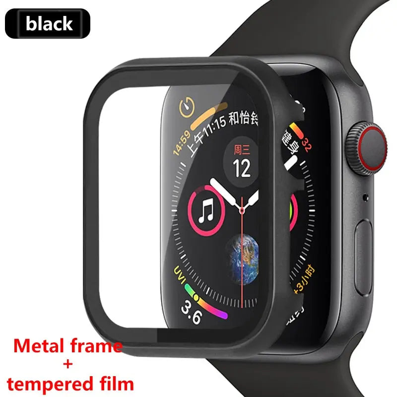 Glass and metal frame case for Apple Watch Series 6, SE, 5, 4 with HD tempered glass protector, stylish black design.