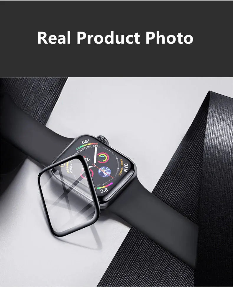 HD Soft Film Screen Protector displayed on an Apple Watch, showcasing bubble-free and waterproof features.