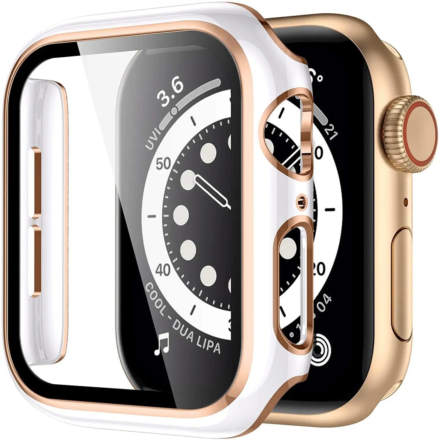 Stylish bumper and screen protector case for Apple Watch Series 6-1 in Light Gold and White design.