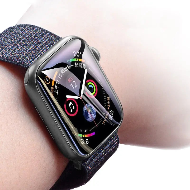 Apple Watch Series 8 with screen protector on wrist, showcasing vibrant watch face and stylish strap, compatible with Series 7 and 9.