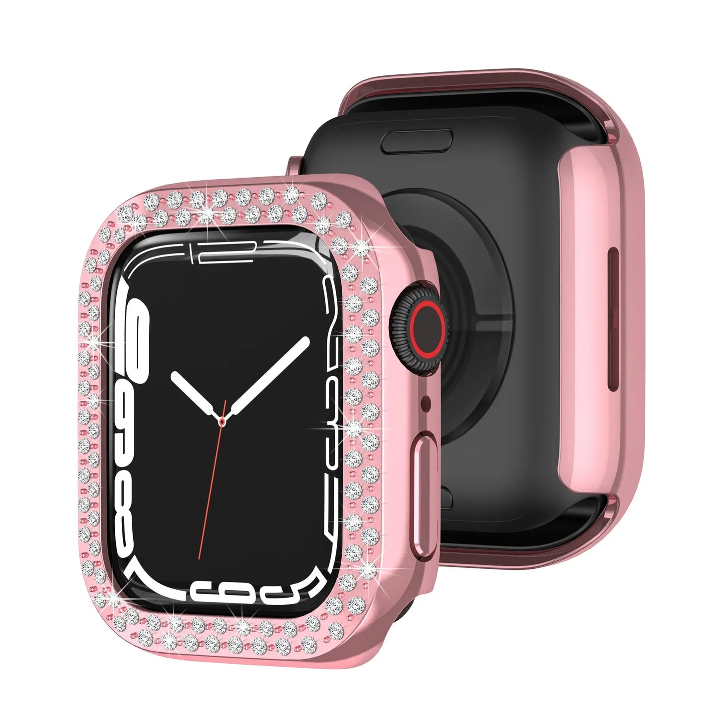 Rhinestone sparkle PC case for Apple Watch Series 9/8/7, featuring a black watch face and pink casing with crystals.