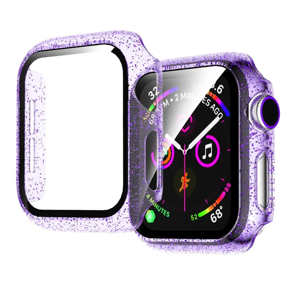 Purple glitter jelly case with screen protector for Apple Watch Series 6-1, stylish and protective accessory.