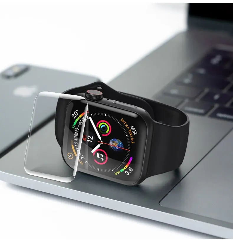 Screen protector for Apple Watch Series 9, 8, and 7 shown on black watch, highlighting compatibility and sleek design.