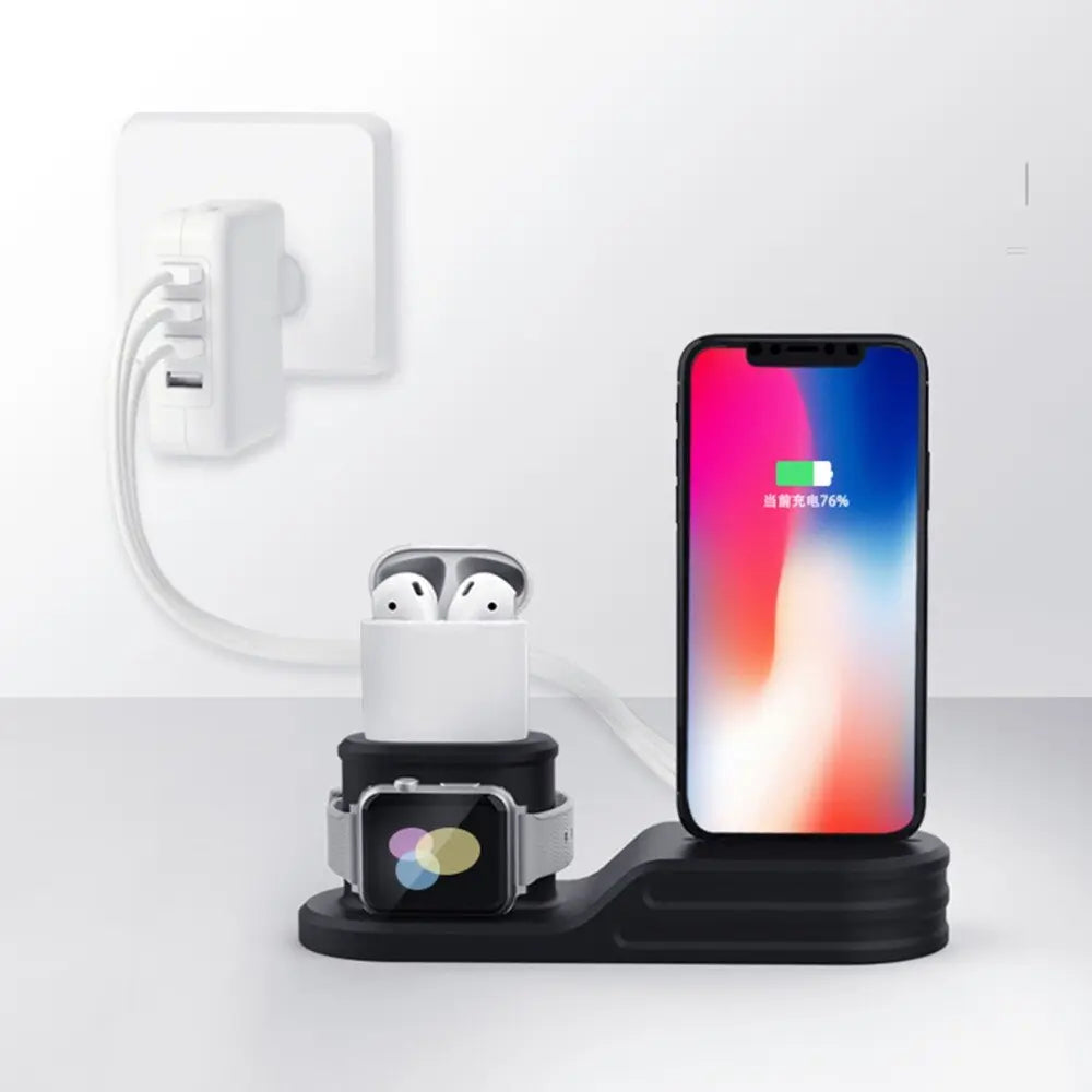 3-in-1 charging dock for Apple Watch, AirPods, and iPhone with modern design, ideal for desk or nightstand.