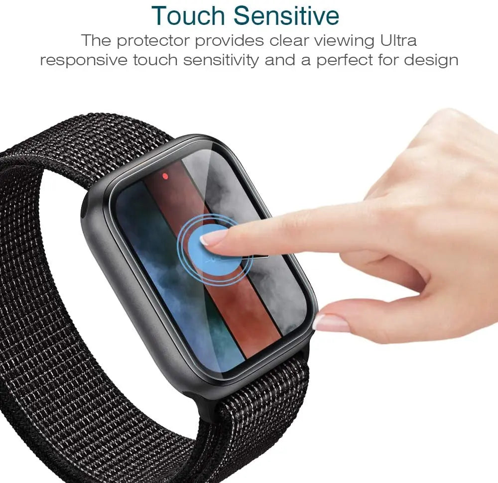 Touch sensitive screen protector for Apple Watch Series 9/8/7, showcasing clear view and responsive touch.
