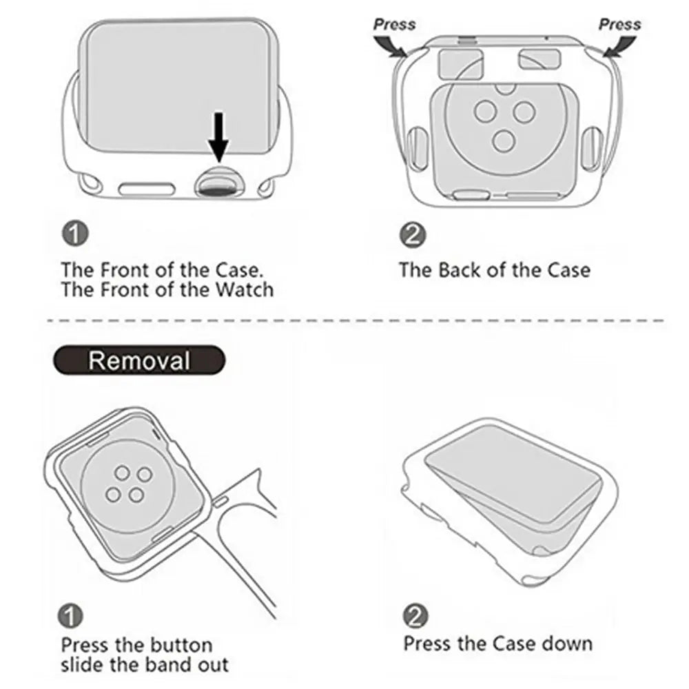 Illustration showing how to install and remove the soft transparent cover for Apple Watch Series 6-1.