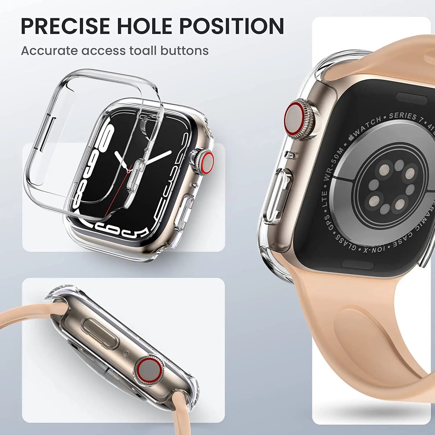 Transparent silicone case for Apple Watch Series Ultra 49mm, showing precise hole positioning for easy access to buttons.