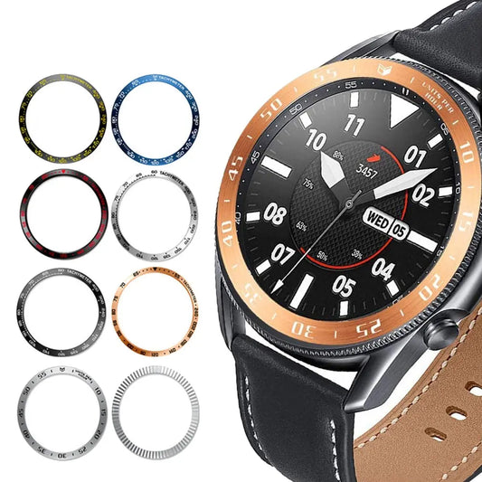 Bezel ring set for Samsung Galaxy Watch featuring various colors and styles, enhancing your watch's fashion and style.