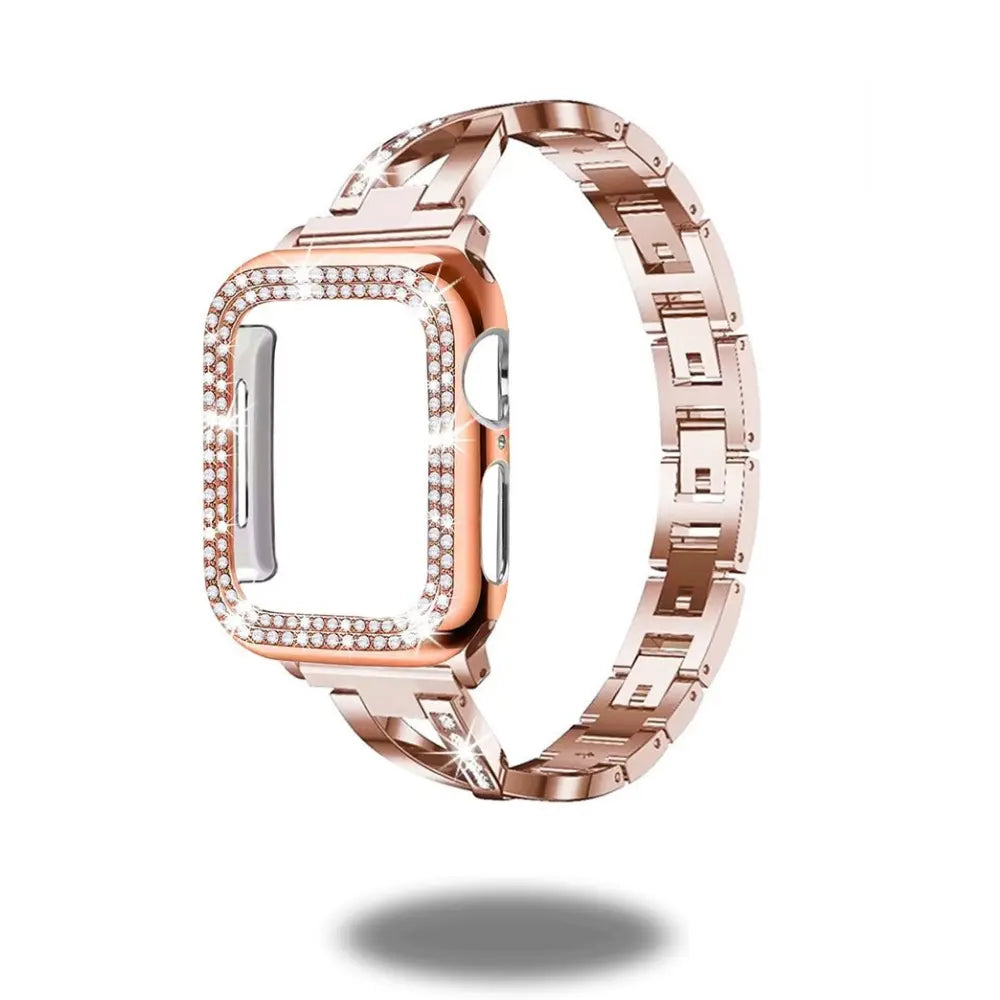 Jewelry Slim Strap Apple Watch with rhinestones and PU case, ideal for weddings and special occasions.