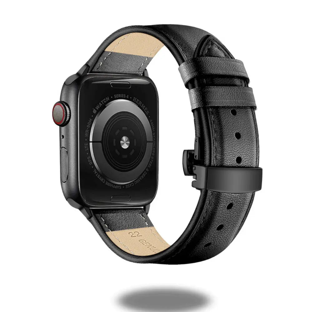 Luxurious leather bracelet for Apple Watch with soft genuine leather and upgraded stainless steel butterfly buckle.