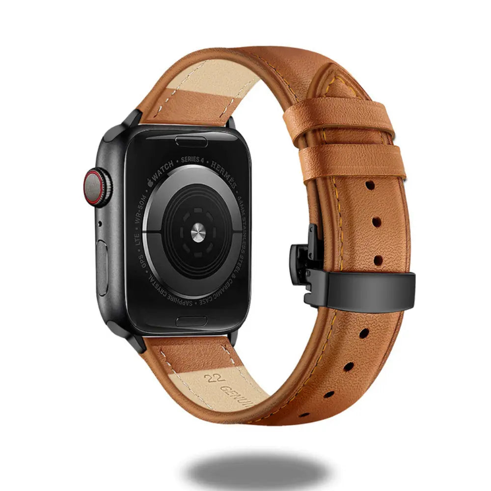 Luxurious leather bracelet for smartwatch featuring premium genuine leather and upgraded butterfly buckle for security.