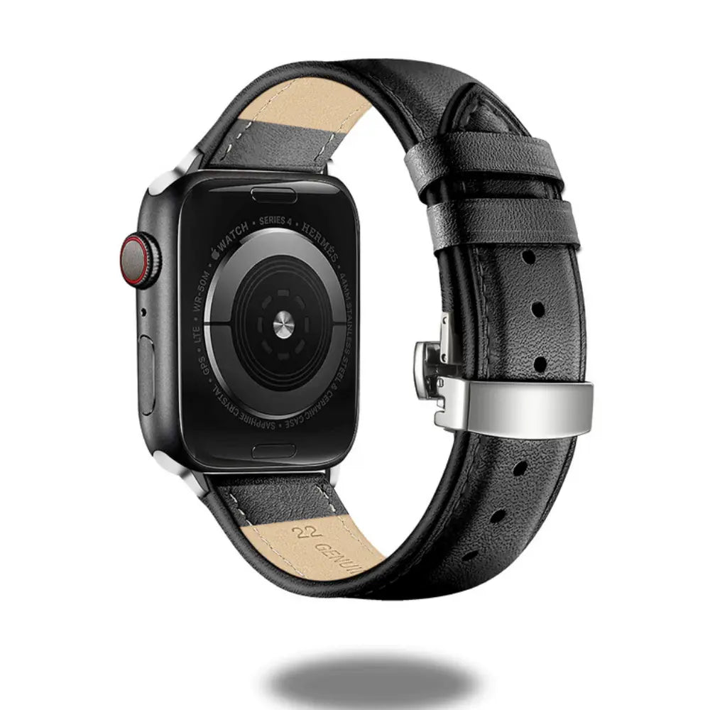 Luxurious leather bracelet showcasing premium genuine leather with a secure stainless steel butterfly buckle for smartwatches.