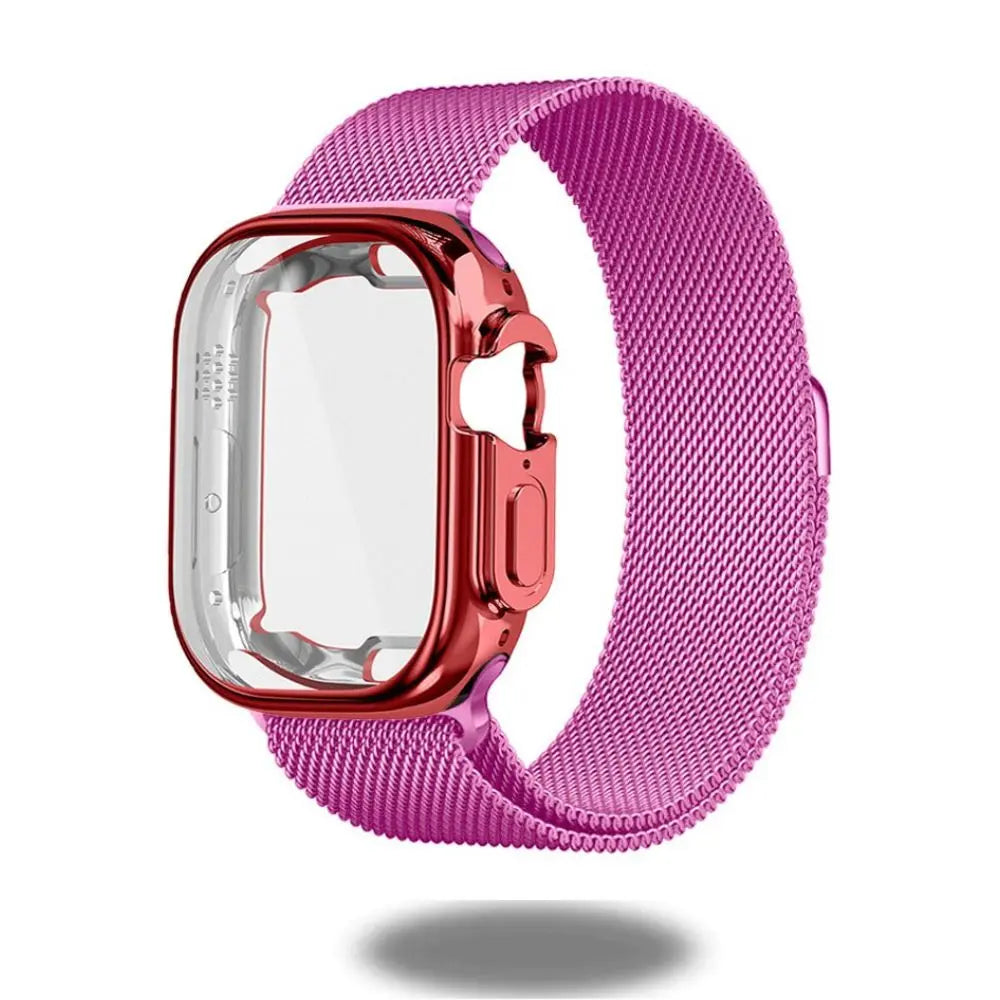Metal Mesh Loop with TPU case for Apple Watch Ultra 49mm, pink Milanese strap for style and protection.