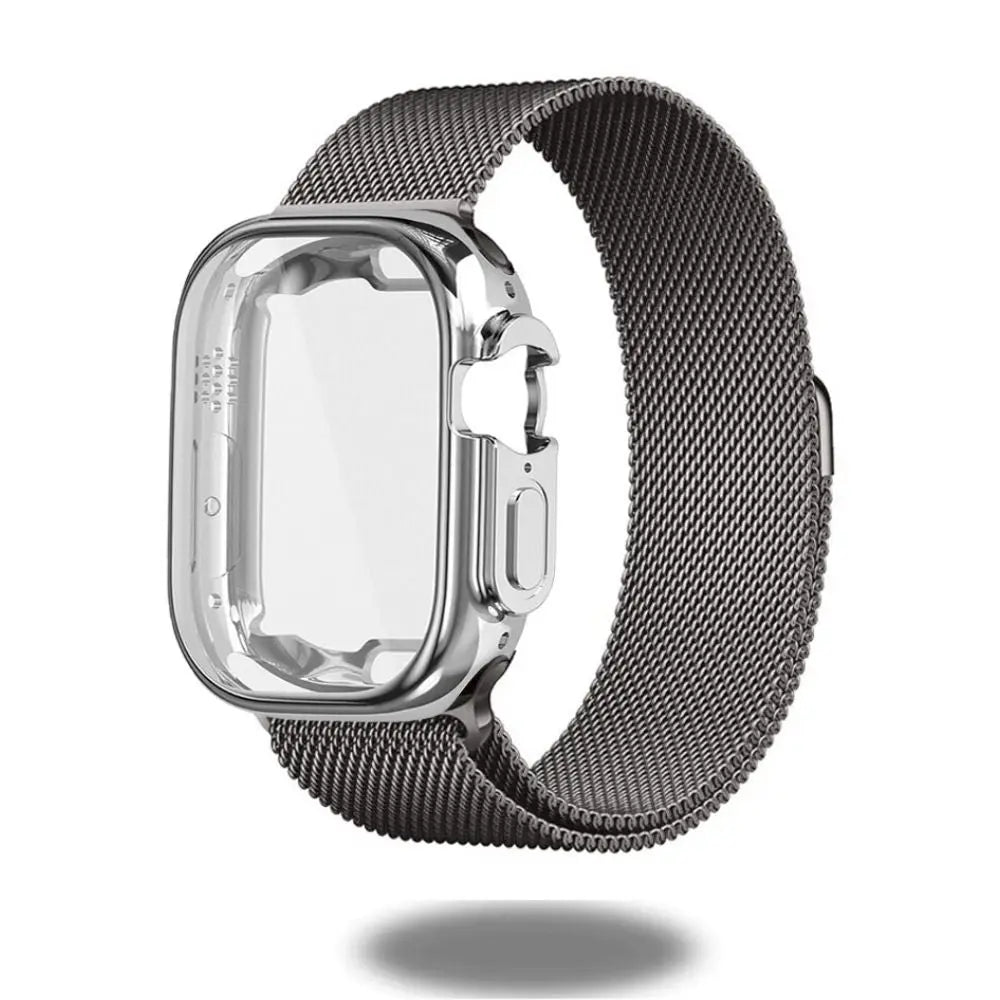 Metal Mesh Loop with TPU Case for Apple Watch Ultra 49mm, showcasing magnetic closure and elegant Milanese design.