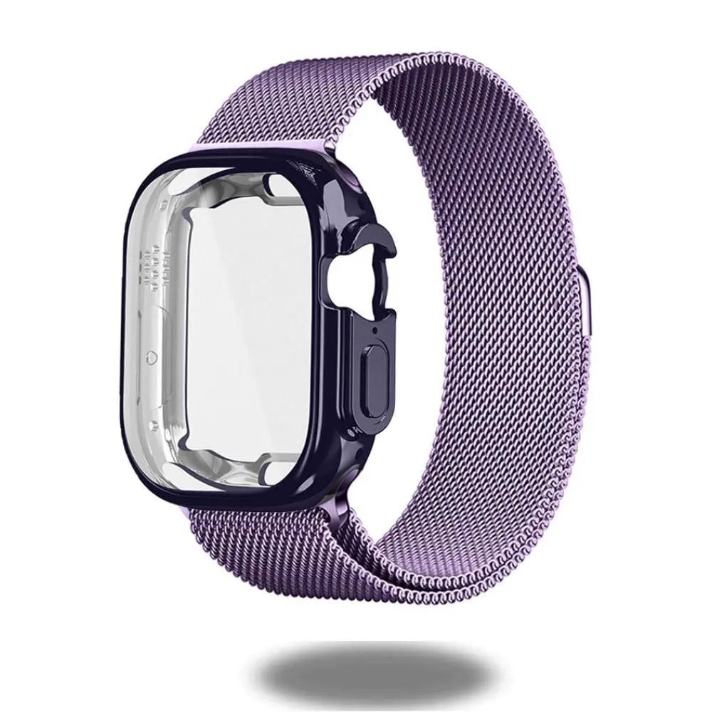 Metal mesh loop strap with TPU case for Apple Watch Ultra 49mm, featuring magnetic closure and sleek design.