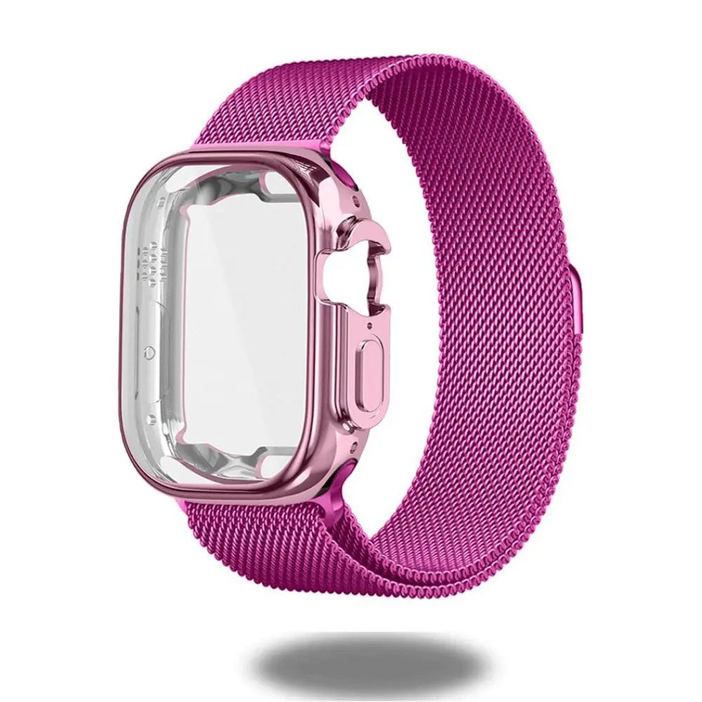 Magnetic Milanese loop strap in pink with TPU case for Apple Watch Ultra 49mm, featuring a secure closure design.