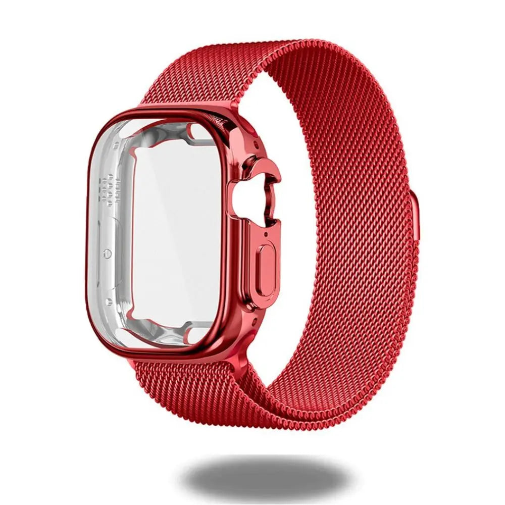 Red magnetic Milanese loop strap with TPU case for Apple Watch Ultra, showcasing elegant design and secure attachment.