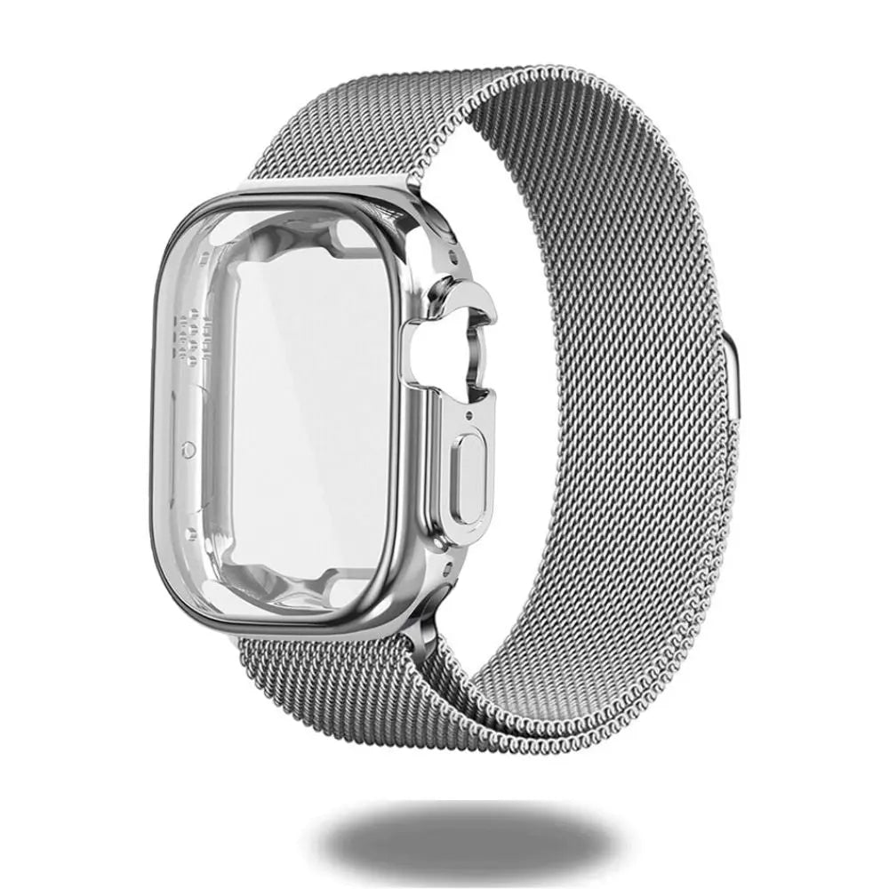Metal mesh loop strap with TPU case for Apple Watch Ultra 49mm showcasing sleek design and magnetic closure.