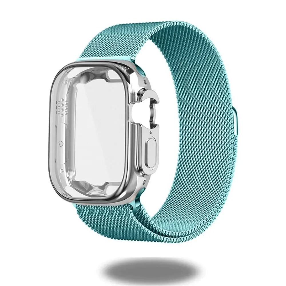 Magnetic Milanese Loop with TPU Case for Apple Watch Ultra 49mm in teal, offering style and durability.