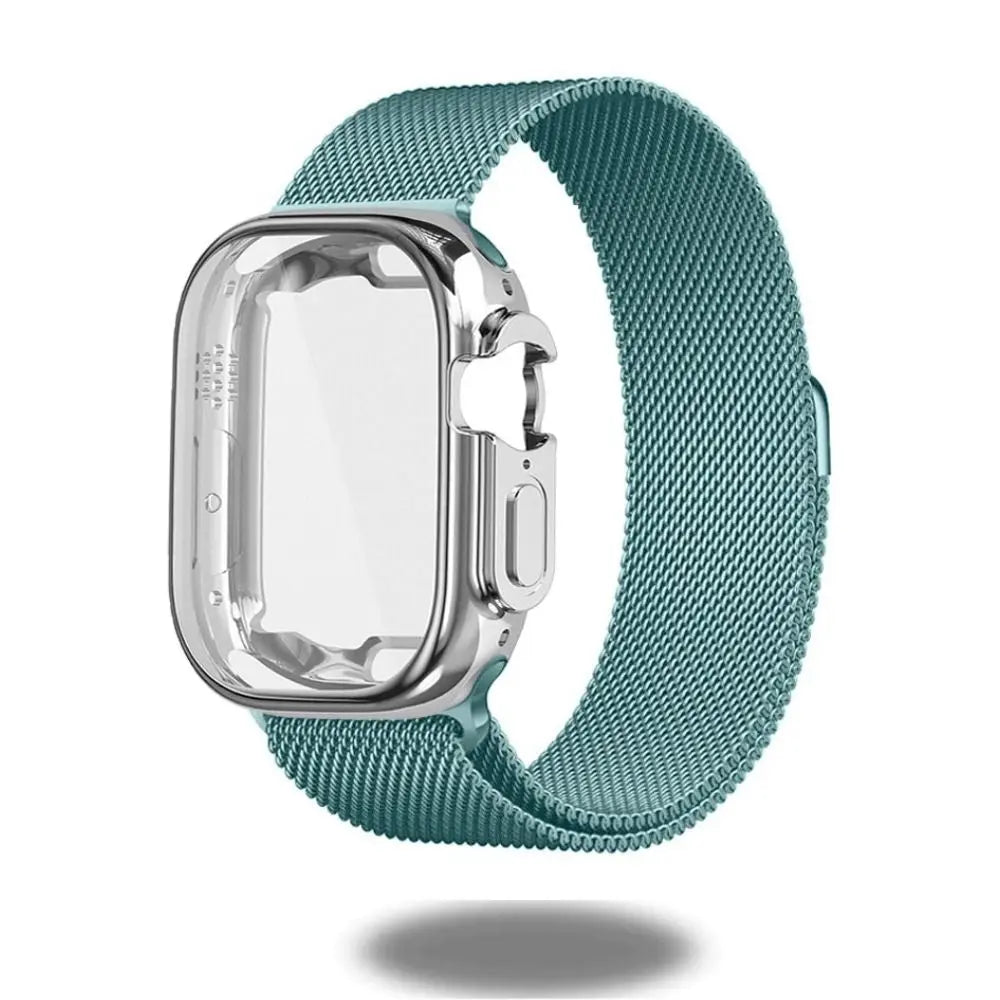 Metal mesh loop strap with TPU case for Apple Watch Ultra 49mm, featuring a magnetic closure and elegant design.