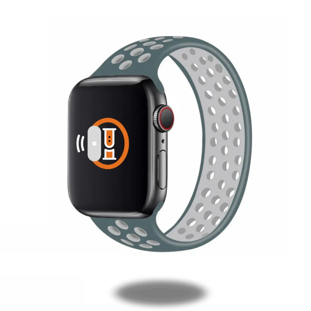 Sport Silicon Solo Loop Band for Apple Watch in gray and white, showcasing durability for sports and everyday wear.