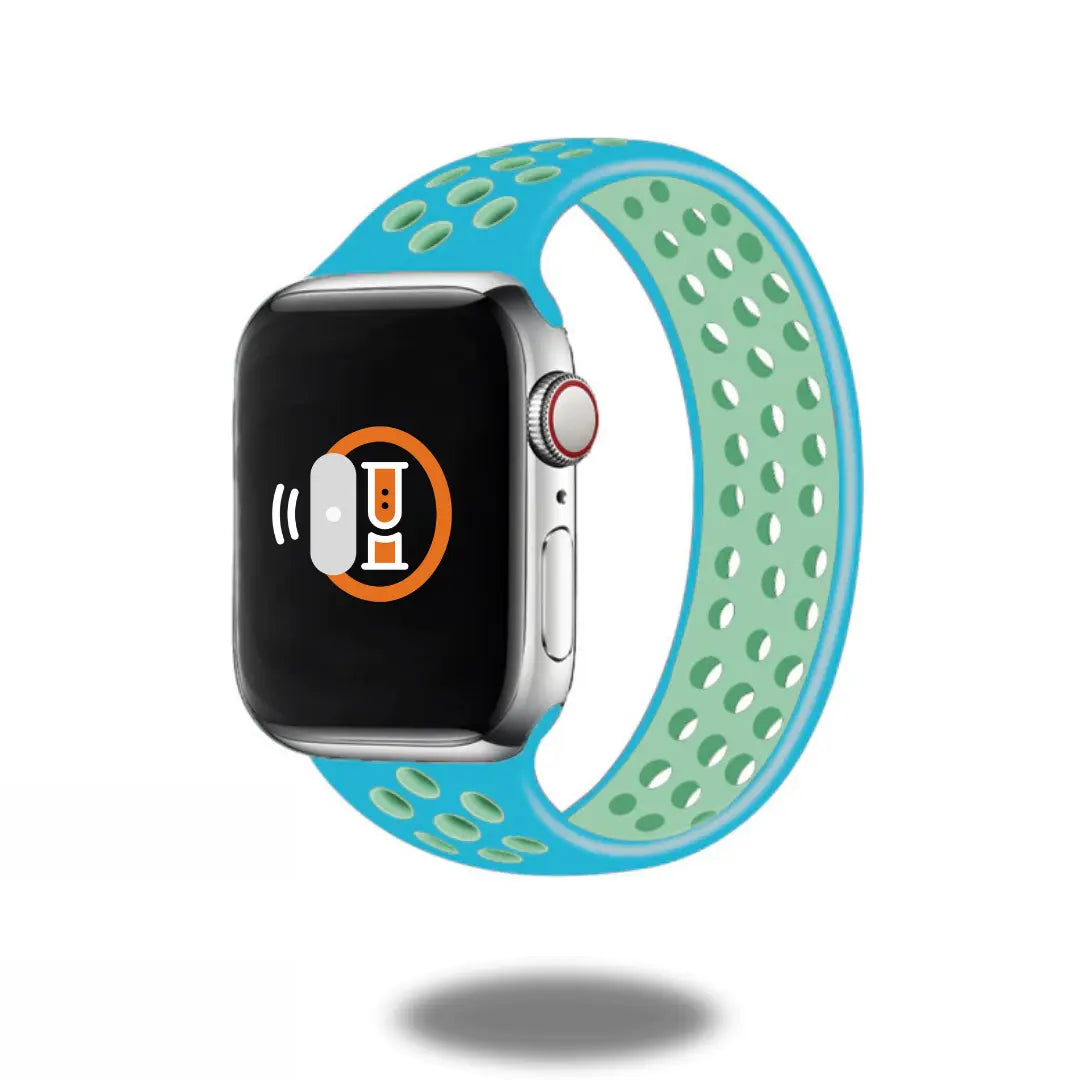 Apple Watch with Sport Silicon Solo Loop Band in blue and green, featuring a smooth, adjustable design for active lifestyles.