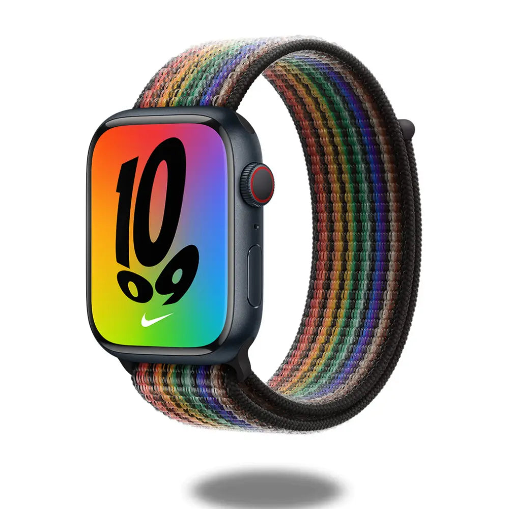 Pride Sport Loop Band for Apple Watch, colorful woven nylon design, perfect for workouts and stylish comfort.
