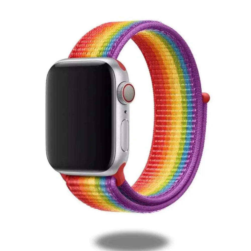 Colorful Pride Sport Loop Band for Apple Watch, woven nylon with rainbow design, perfect for workouts and comfort.