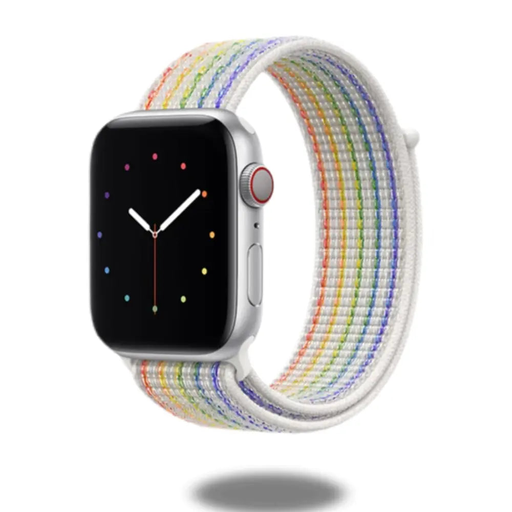 Colorful Pride Sport Loop band for Apple Watch, durable woven nylon design, perfect for workouts and comfortable wear.