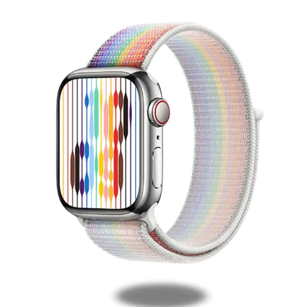 Pride Sport Loop Band for Apple Watch, colorful woven nylon band, perfect for workouts and comfortable wear.