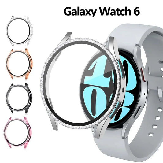 Stylish PC Diamond Style case and glass protector for Samsung Galaxy Watch 6, available in multiple colors.
