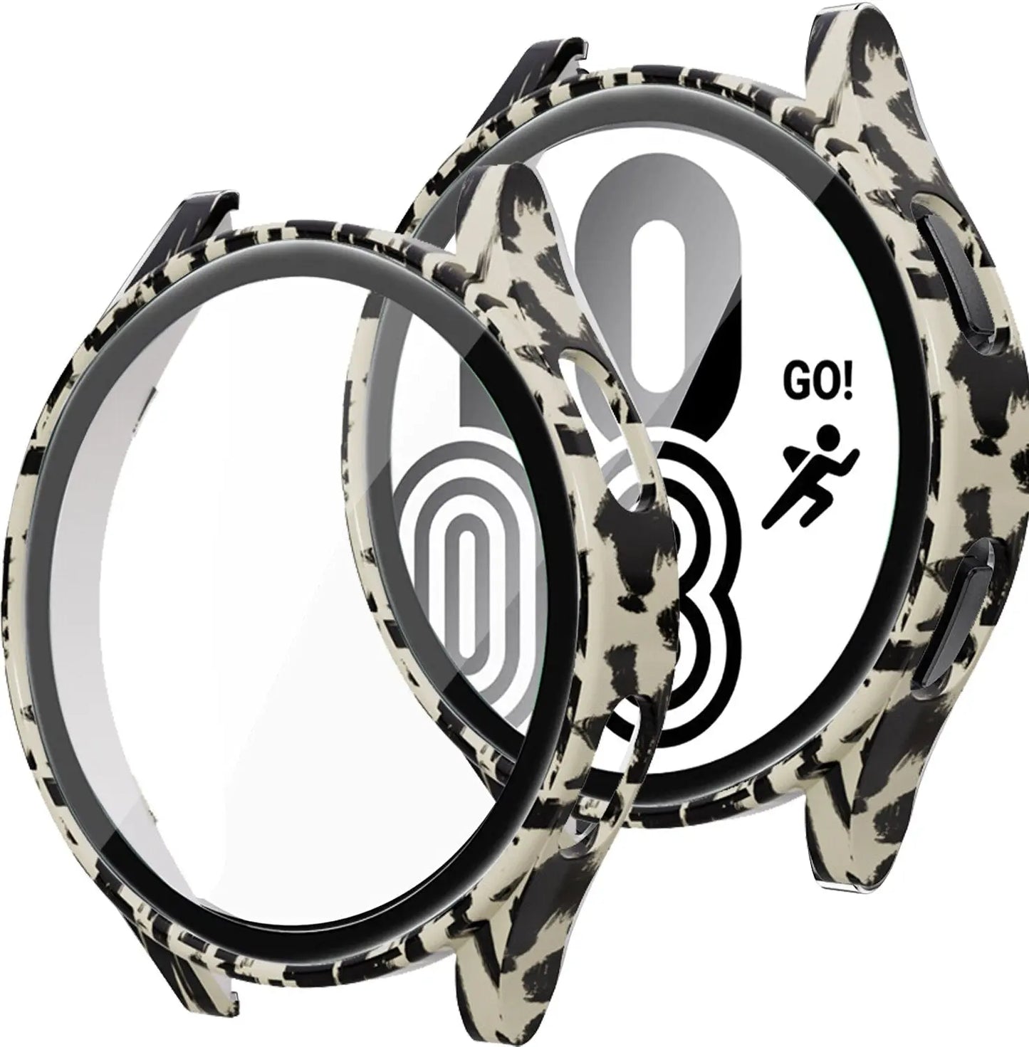 Samsung Galaxy Watch case with screen protector, stylish cow print design, includes glass, ideal for protection and style.