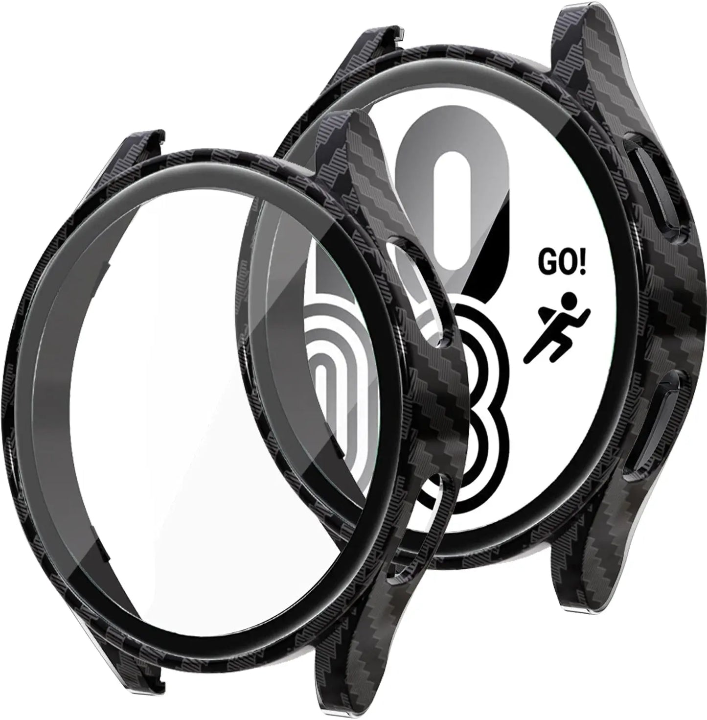 Samsung Galaxy Watch Case with Screen Protector, durable carbon fiber design, includes glass protection.