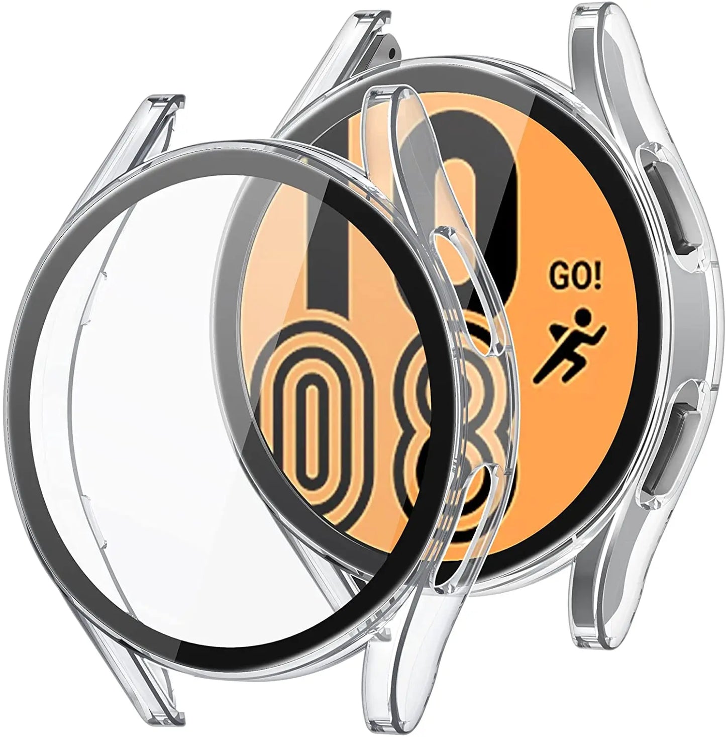 Samsung Galaxy Watch case with glass screen protector for enhanced durability and style, showcasing clear design and fitness interface.