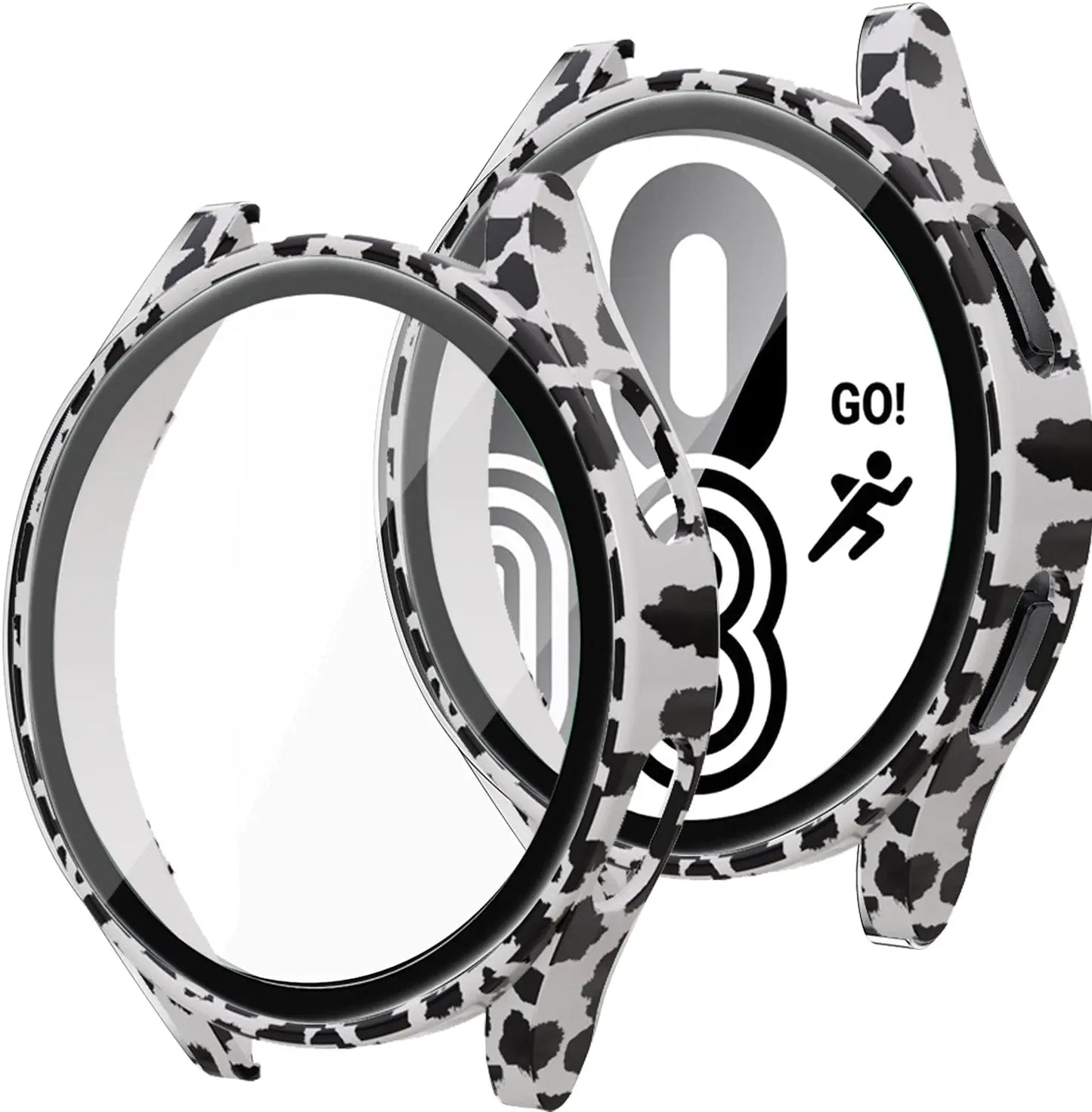 Samsung Galaxy Watch case with screen protector, stylish cow print design, includes one case and glass. Perfect for protection.