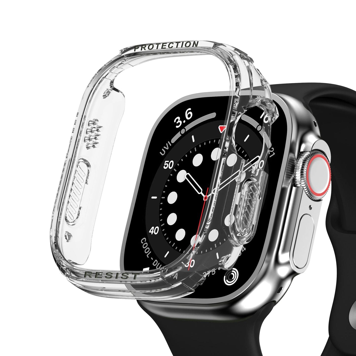 Transparent silicone case for Apple Watch Series Ultra 49mm offering scratch and bump protection while showcasing the original design.