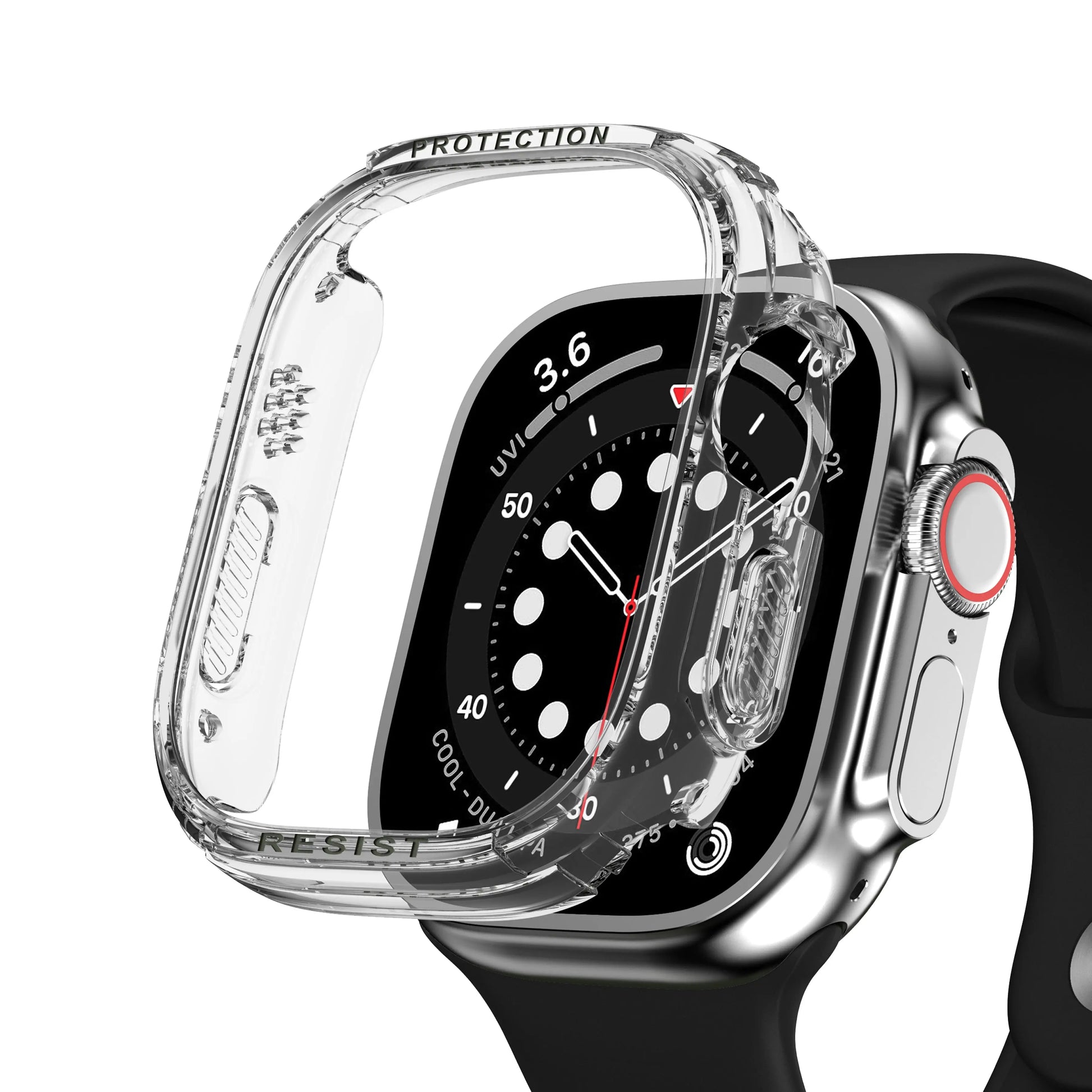 Transparent silicone case for Apple Watch Series Ultra 49mm offering scratch and bump protection while showcasing the original design.
